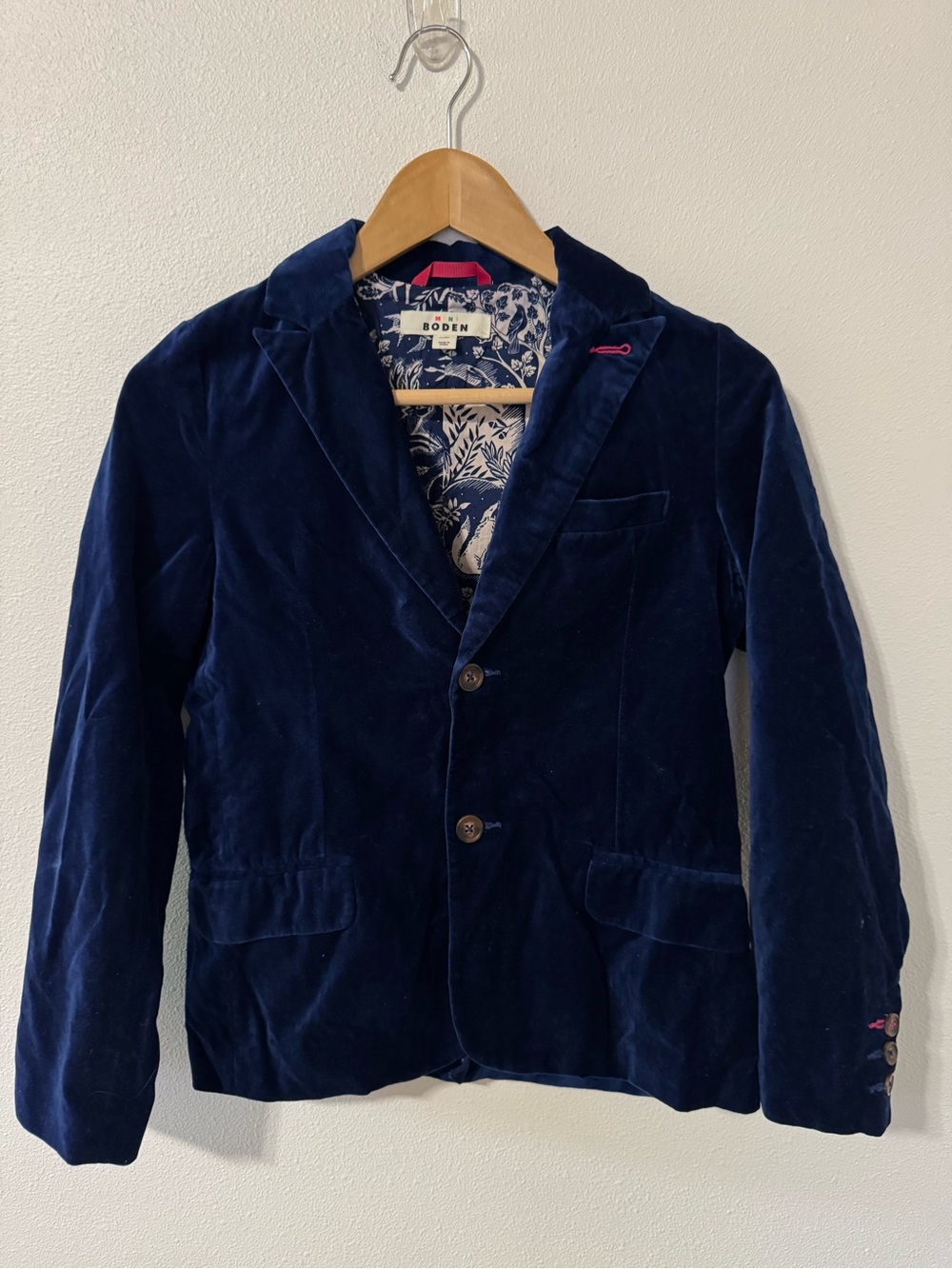 Mini Boden Blue Velvet Party Blazer Two Button Forest Creature Lining 11-12 Year